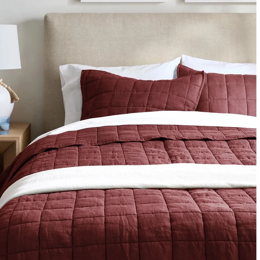 Quince European Linen Box Stitch Quilt Bedding Burgundy Size Full Queen NEW